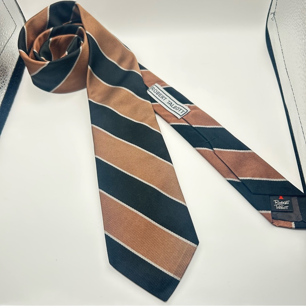 Vintage 80s Robert Talbott Silk Necktie – Black & Caramel Bold Stripe, 55 x 3”